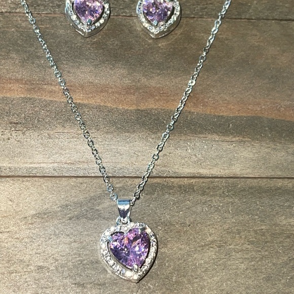 Pink Cubic Zirconia Heart 3 Piece Jewelry Set Pendant Silver Necklace Earrings - Picture 13 of 14